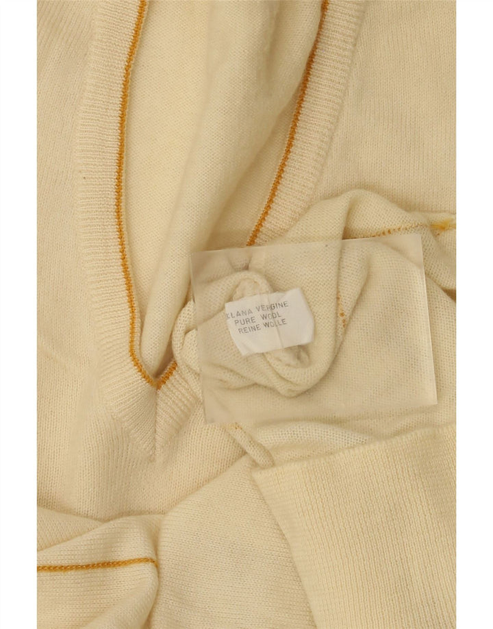 Męski sweter w stylu vintage z dekoltem w szpic, wełniany w kolorze złamanej bieli