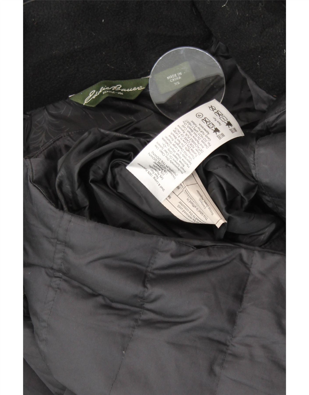 EDDIE BAUER Damski, oversize'owy, ocieplany płaszcz z kapturem UK 6 XS, czarny poliester