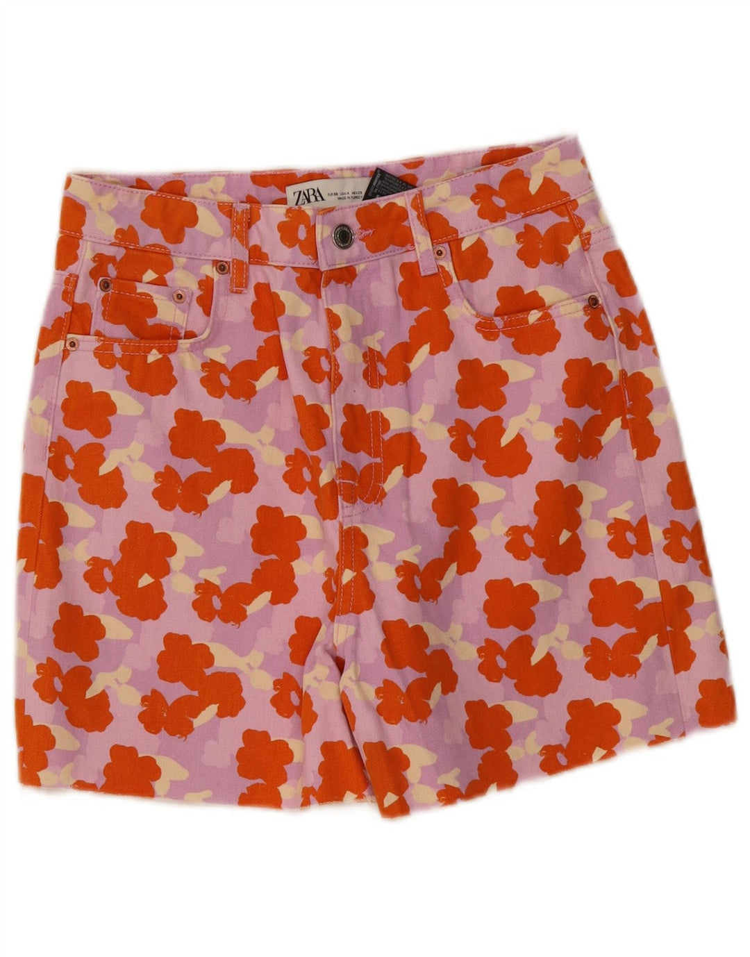 Damskie spodenki jeansowe ZARA z wysokim stanem EU 36 Small W26 wielokolorowe kwiaty