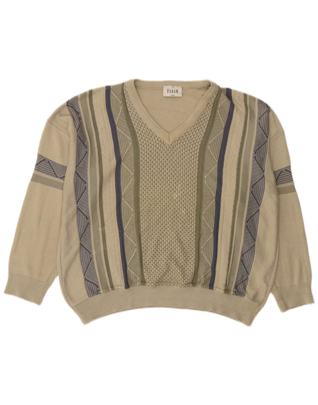 Farah Męski sweter z dekoltem w kształcie litery V, duży, zielony, geometryczny akryl