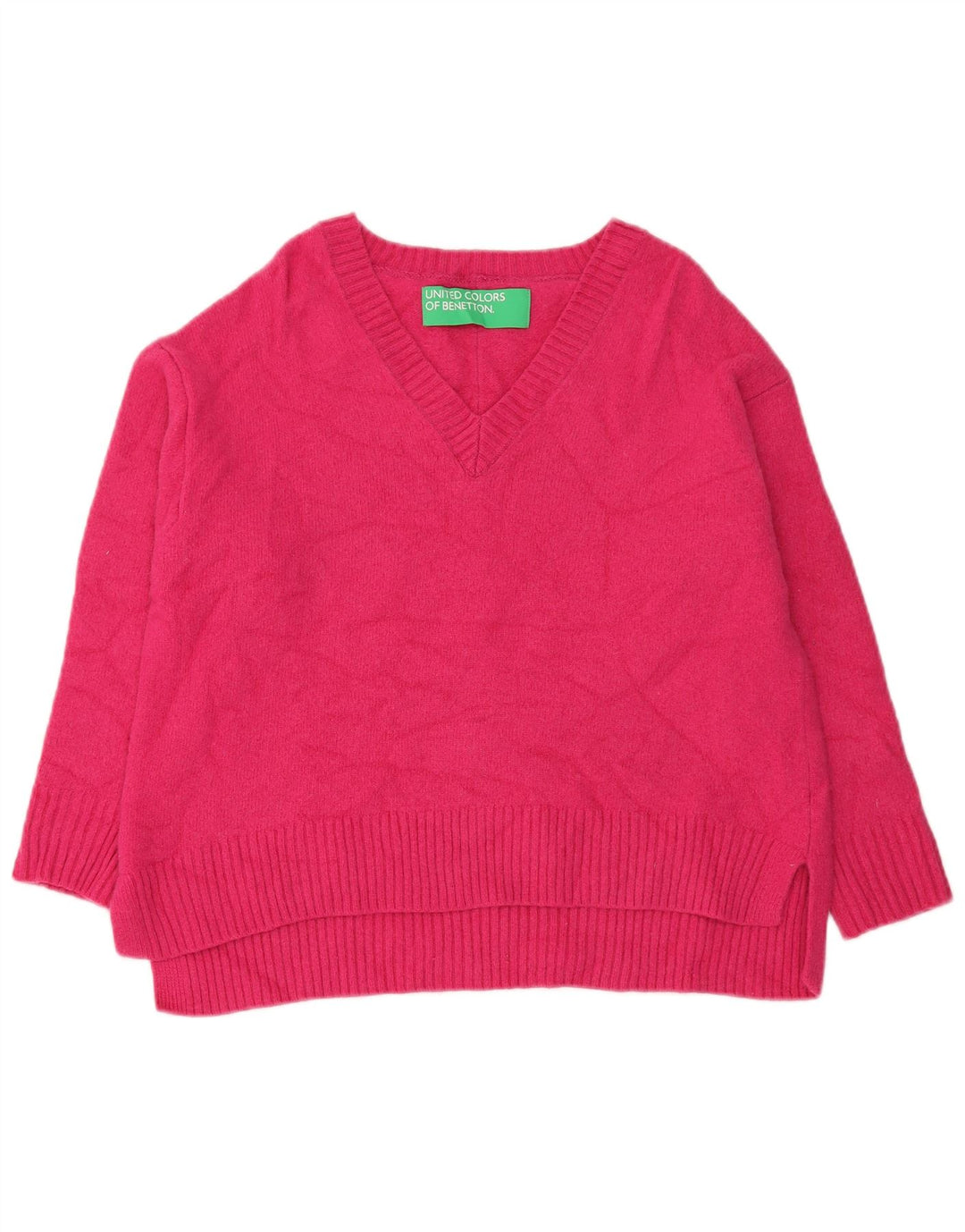 Sweter damski Benetton z dekoltem w kształcie litery V, UK 16, duży różowy