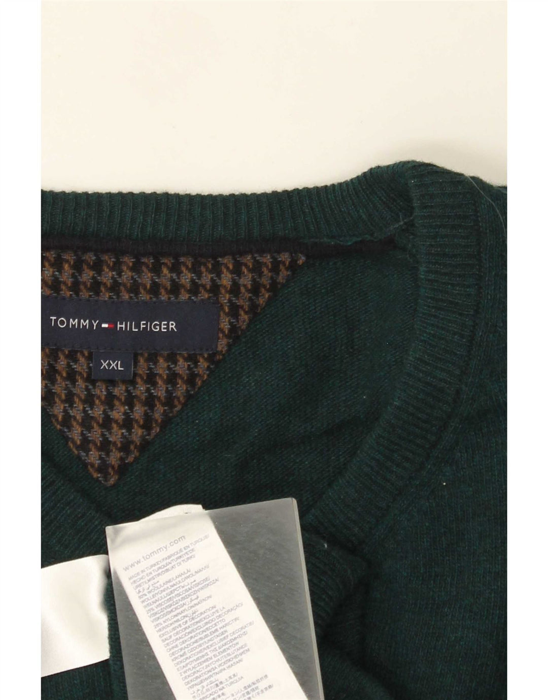 Męski sweter Tommy Hilfiger z dekoltem w kształcie litery V, 2XL, zielona wełna