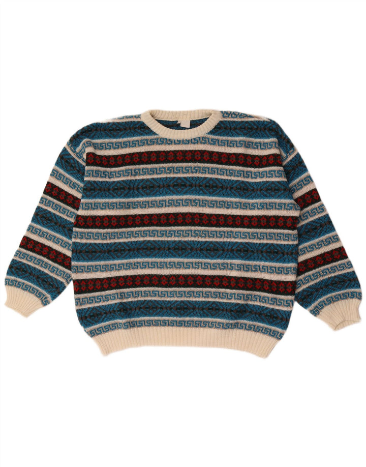 Vintage męski sweter z okrągłym dekoltem XL, wielobarwny, geometryczny