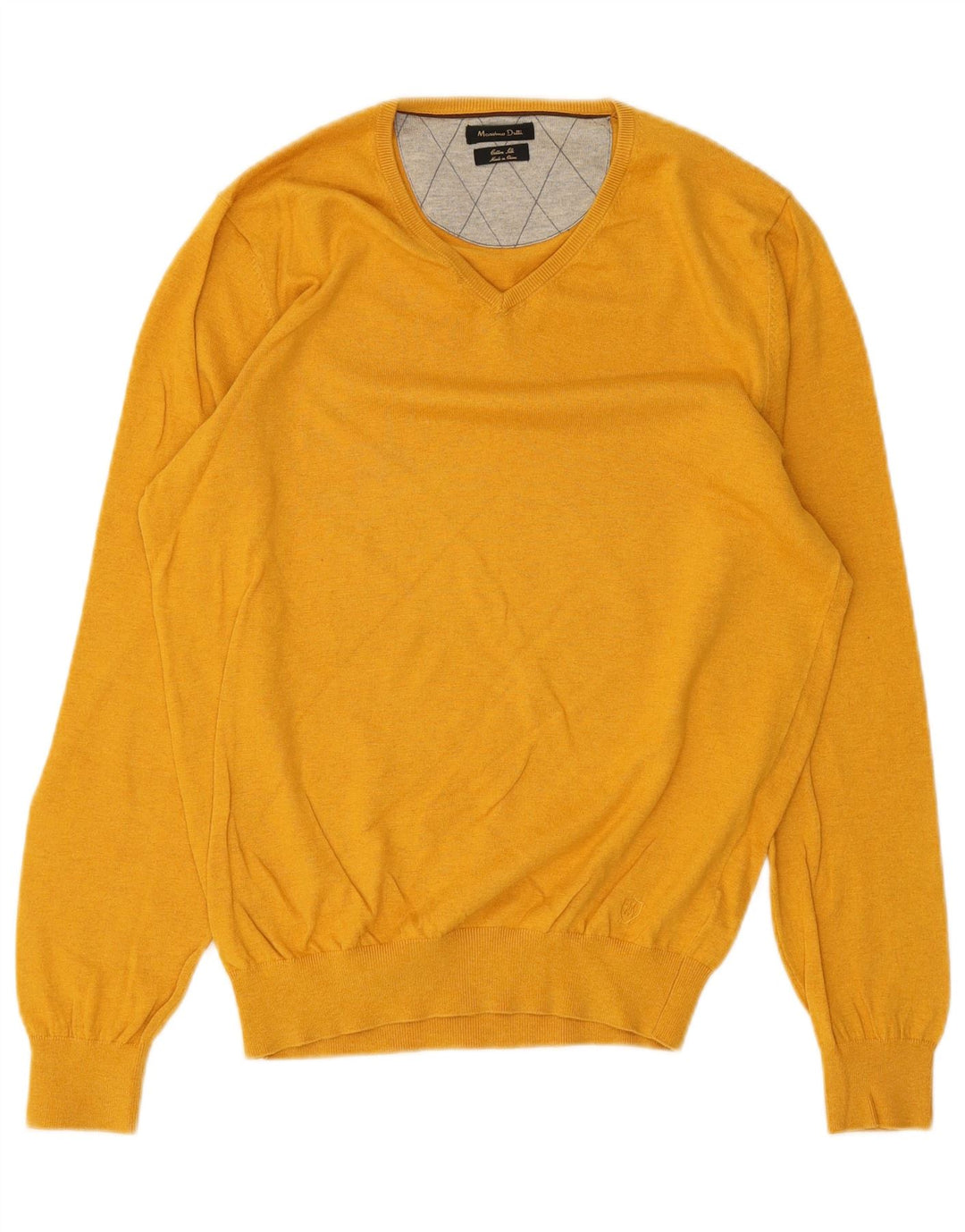 Męski sweter Massimo Dutti z dekoltem w kształcie litery V, średniożółty, bawełniany