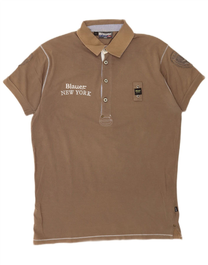 Męska koszulka polo z grafiką Blauer, duża, brązowa