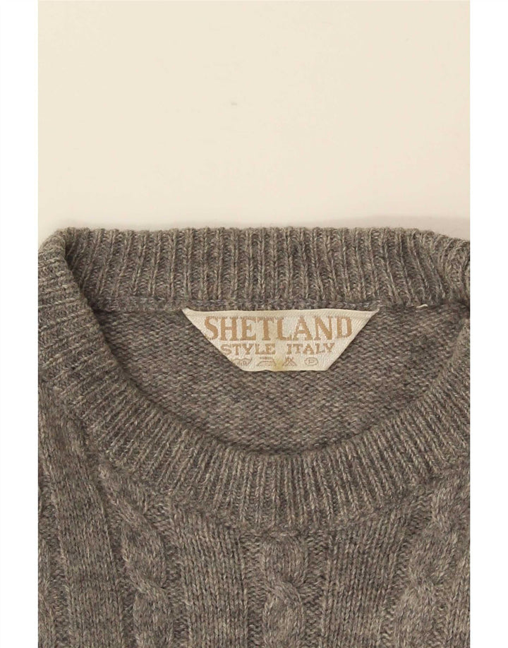 Vintage męski sweter z okrągłym dekoltem, średnioszary, geometryczny wełniany