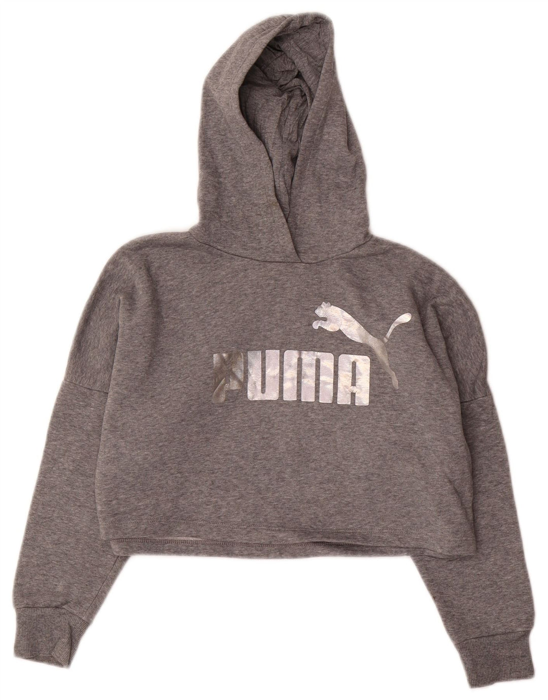 Dziewczęcy sweter z kapturem i grafiką PUMA, 9-10 lat, szara bawełna