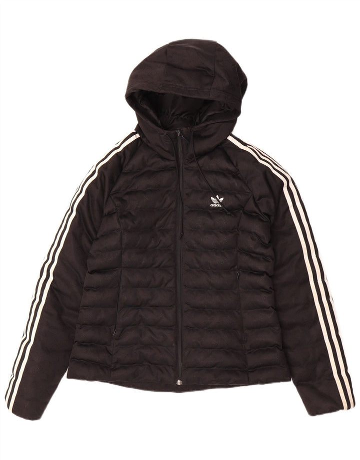 ADIDAS Womens Hooded Padded Jacket UK 14 Medium Black Polyester Logo