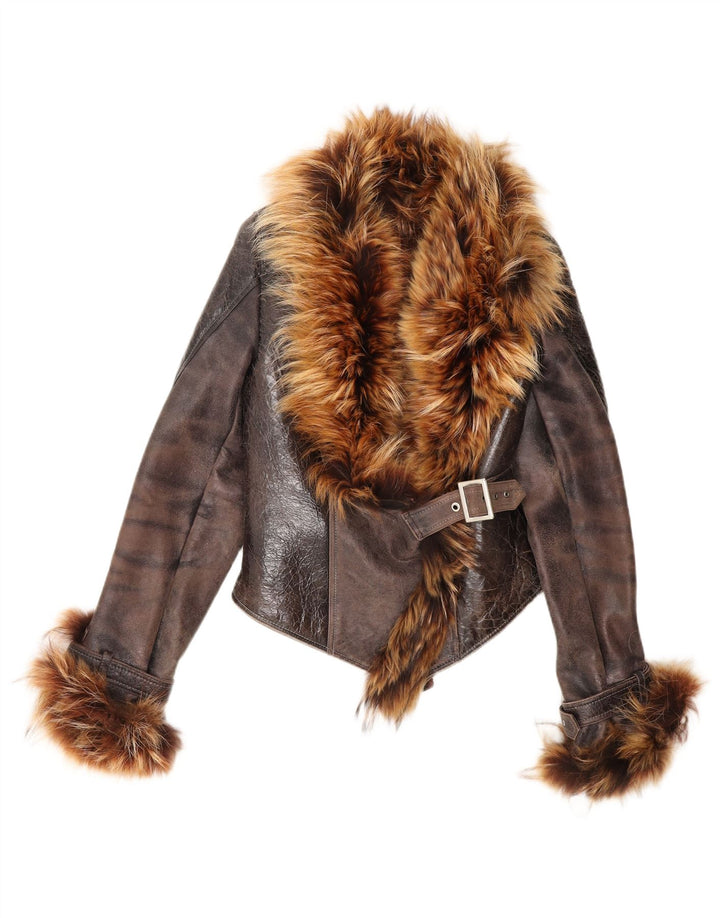 Kurtka damska Carmen Crop Shearling UK 14, duża brązowa skóra