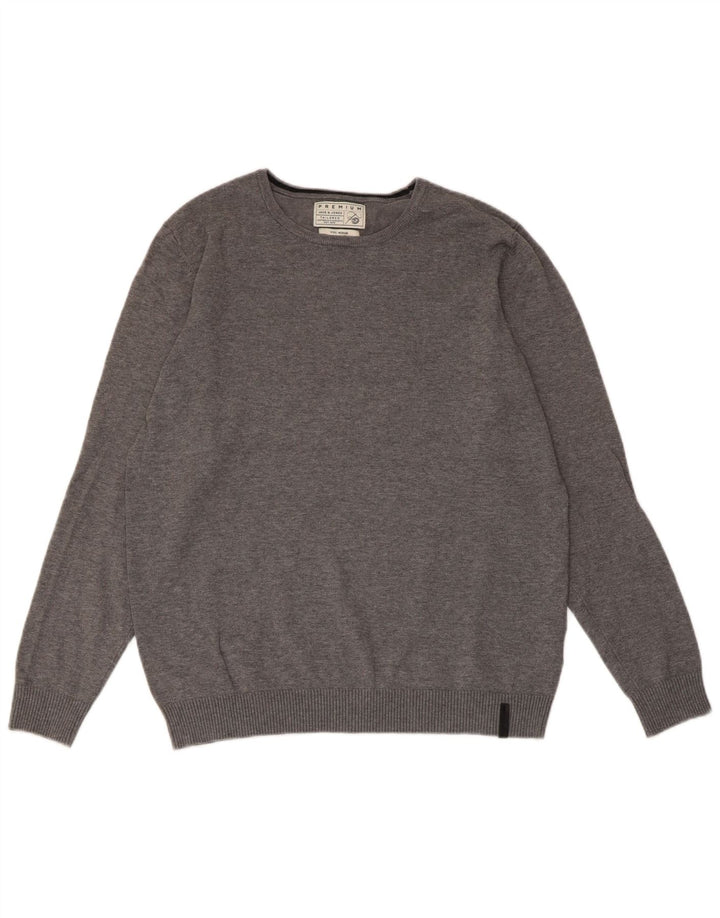 JACK & JONES Męski dopasowany sweter z okrągłym dekoltem, średnioszary, bawełniany