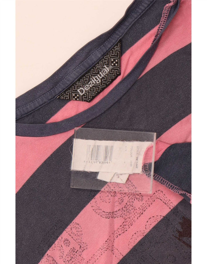 Desigual męski graficzny top z długim rękawem, duży, różowy, bawełniany w paski