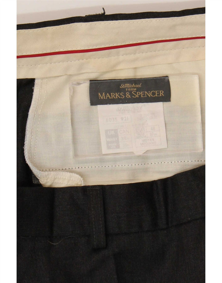 Męskie proste spodnie garniturowe Marks & Spencer W38 L31 Czarna wełna