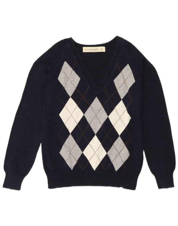 Sweter damski Zara z dekoltem w kształcie litery V, UK 14, duży granatowy Argyle/Diament