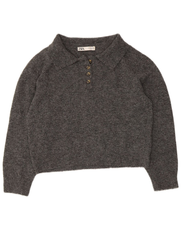 Zara Womens Crop Polo Neck Jumper Sweater UK 14 Medium Grey Flecked