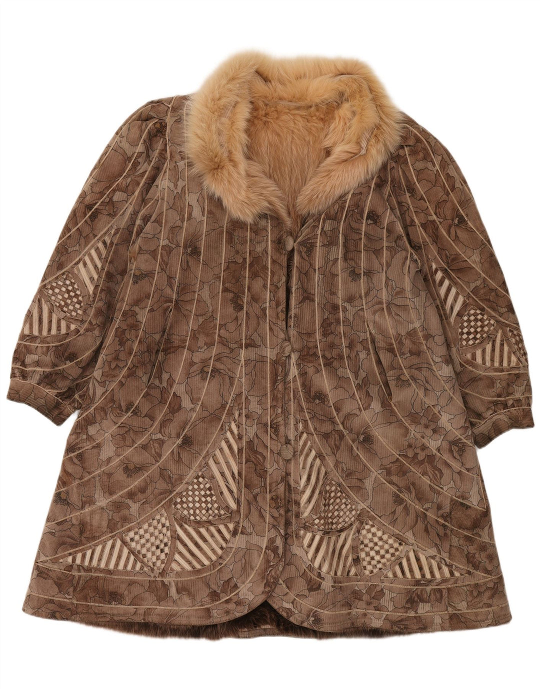 Dwustronny płaszcz damski ze sztucznego futra VINTAGE UK 18 XL w kolorze brązowym w kwiaty