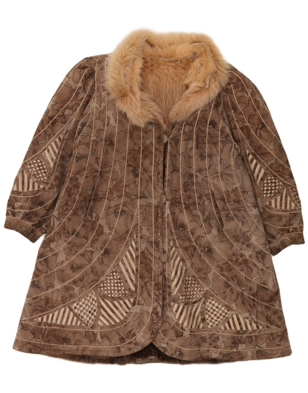 Dwustronny płaszcz damski ze sztucznego futra VINTAGE UK 18 XL w kolorze brązowym w kwiaty