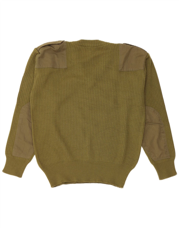 Vintage męski sweter wojskowy z dekoltem w kształcie litery V, średni khaki