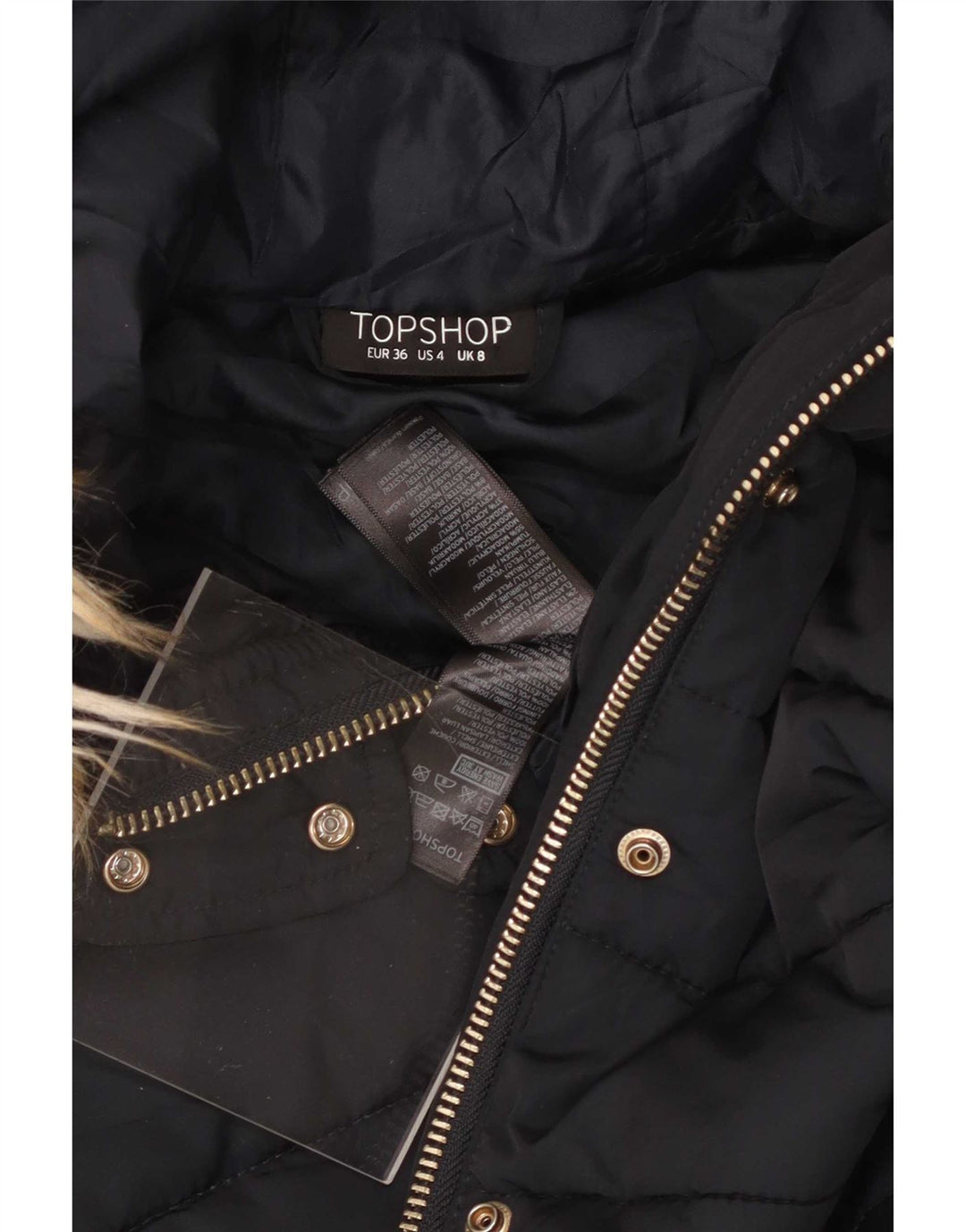 Damska ocieplana kurtka z kapturem Topshop UK 8, mała, granatowa, poliester