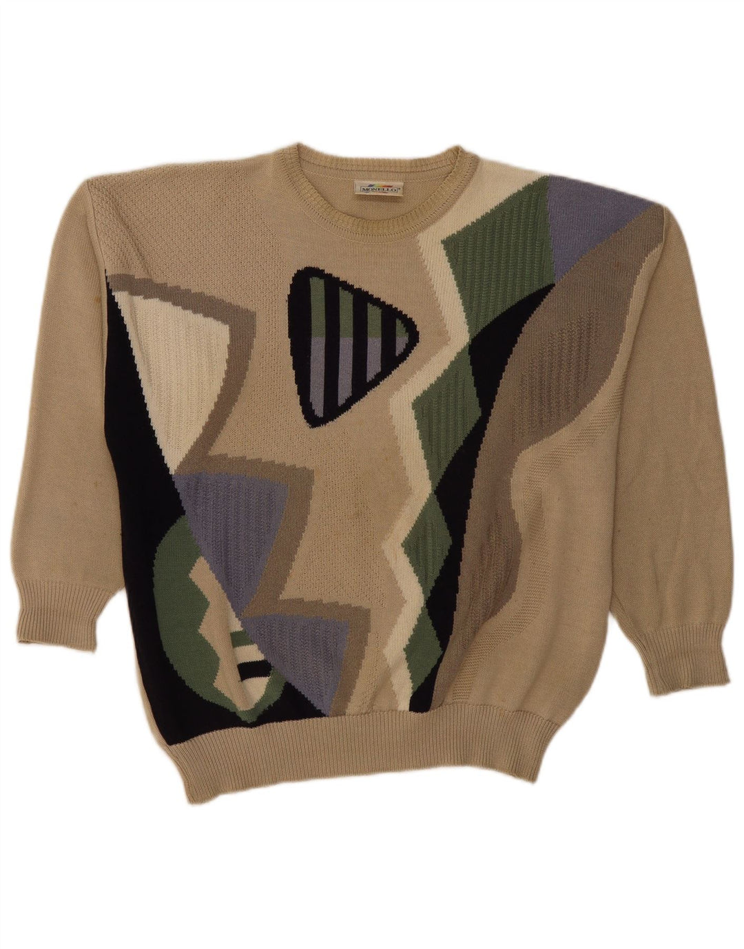 Męski sweter z okrągłym dekoltem Monello IT 50 Średni beżowy, geometryczny bawełniany