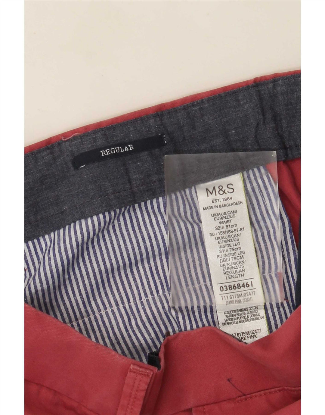 Marks & Spencer Męskie proste spodnie garniturowe W32 L28 Różowa bawełna