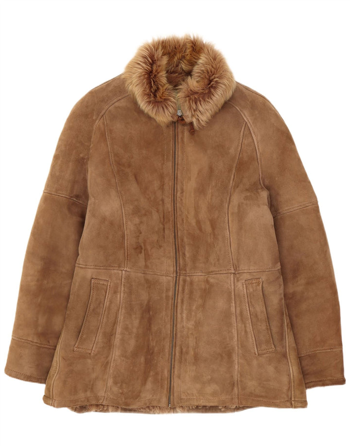 Vintage damska luźna kurtka shearling IT 50 XL, brązowa, klasyczna