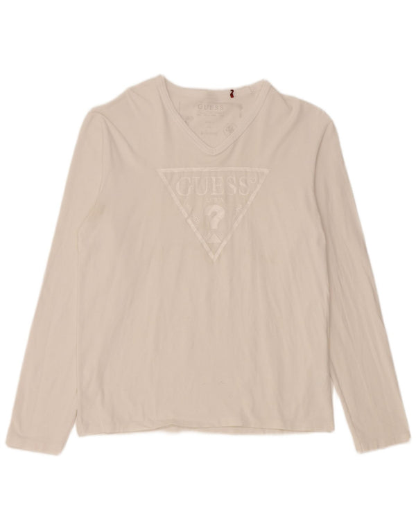 Guess Damski graficzny top z długim rękawem, UK 18 XL, biała bawełna