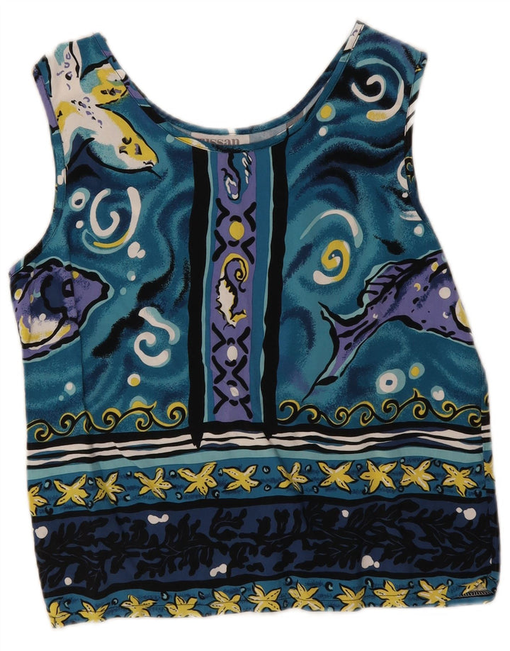 Bluzka damska w stylu vintage, w abstrakcyjny wzór, UK 12, średni niebieski