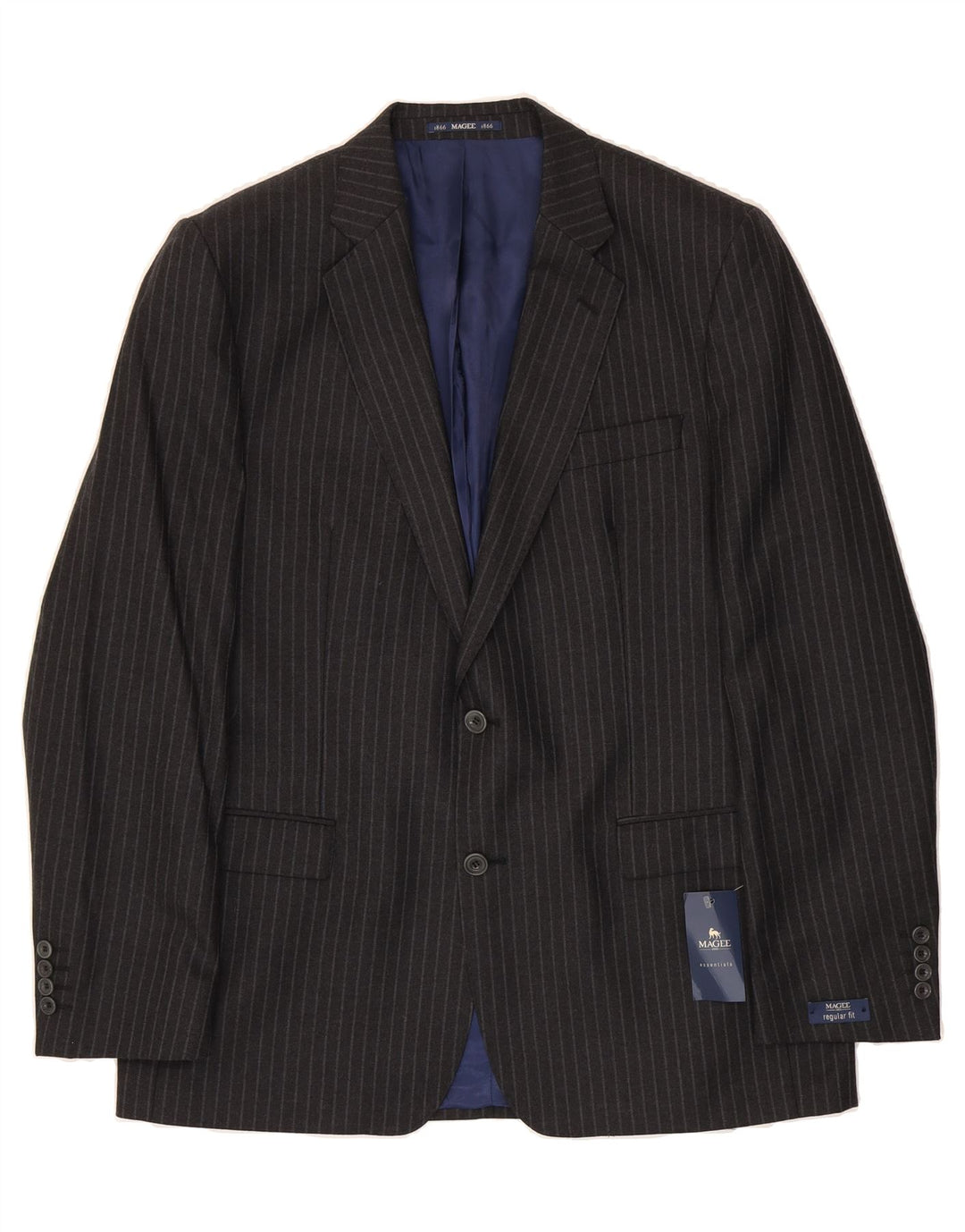 MAGEE Mens 2 Button Blazer Jacket UK 44 2XL Grey Striped New Wool Vintage Magee and Second-Hand Magee from Messina Hembry 