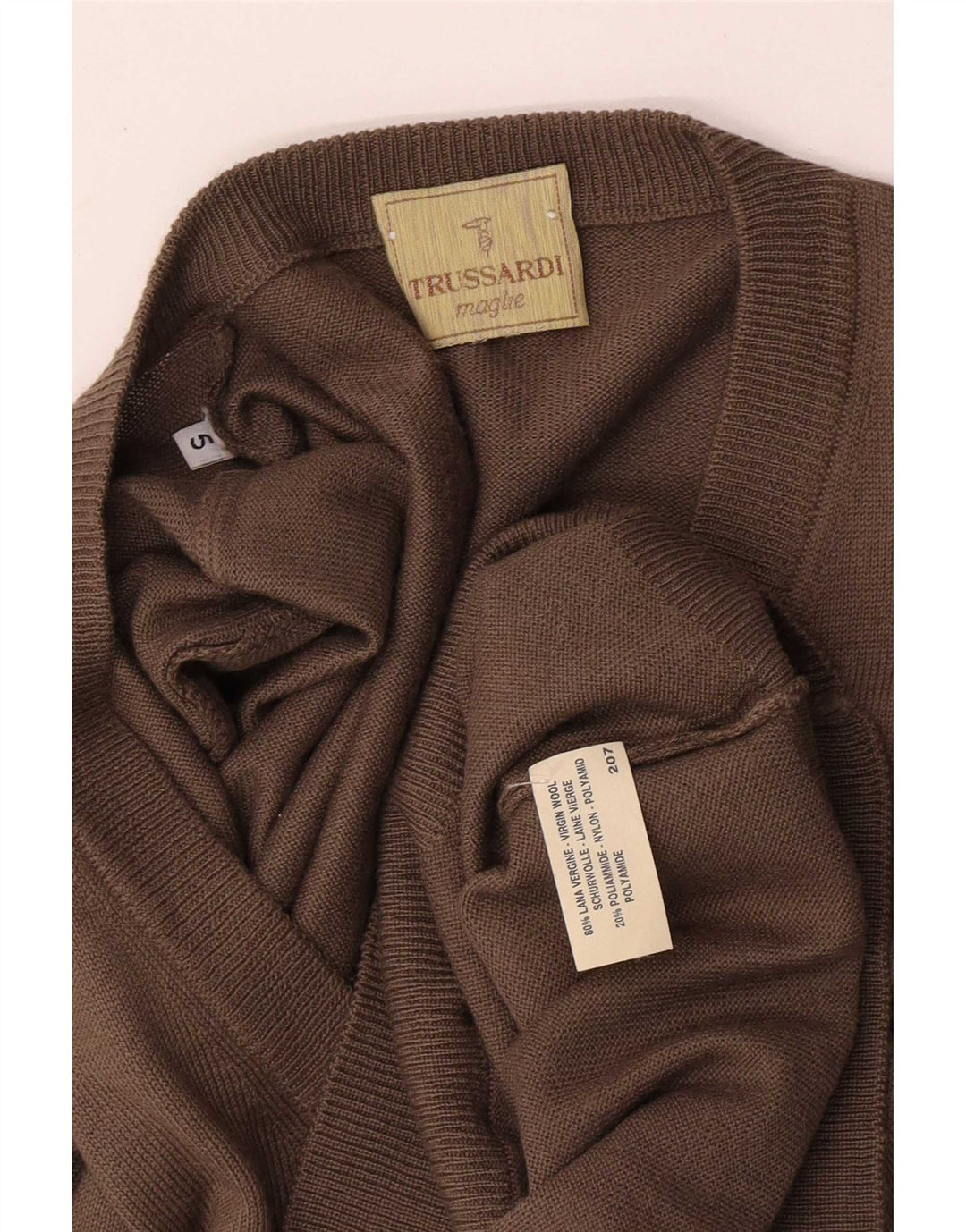 Męski sweter Trussardi z dekoltem w kształcie litery V, duży, brązowy, z dziewiczej wełny
