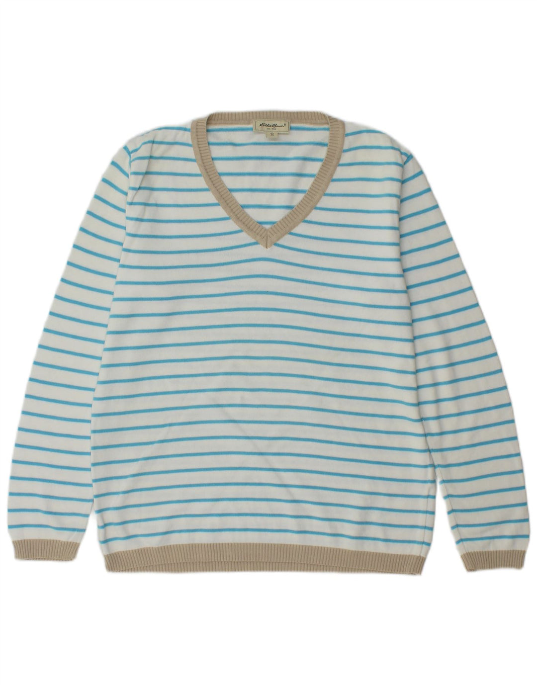 EDDIE BAUER Womens V-Neck Jumper Sweater UK 10 Small White Striped