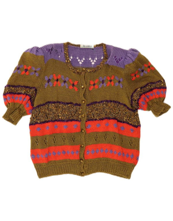 Vintage Womens Short Sleeve Cardigan Sweater UK 14 Medium Khaki Colourblock