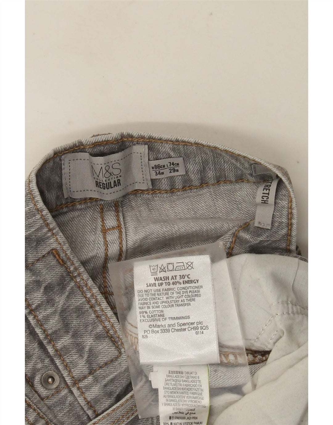 MARKS & SPENCER Męskie proste dżinsy o regularnym kroju W34 L29 Szara bawełna