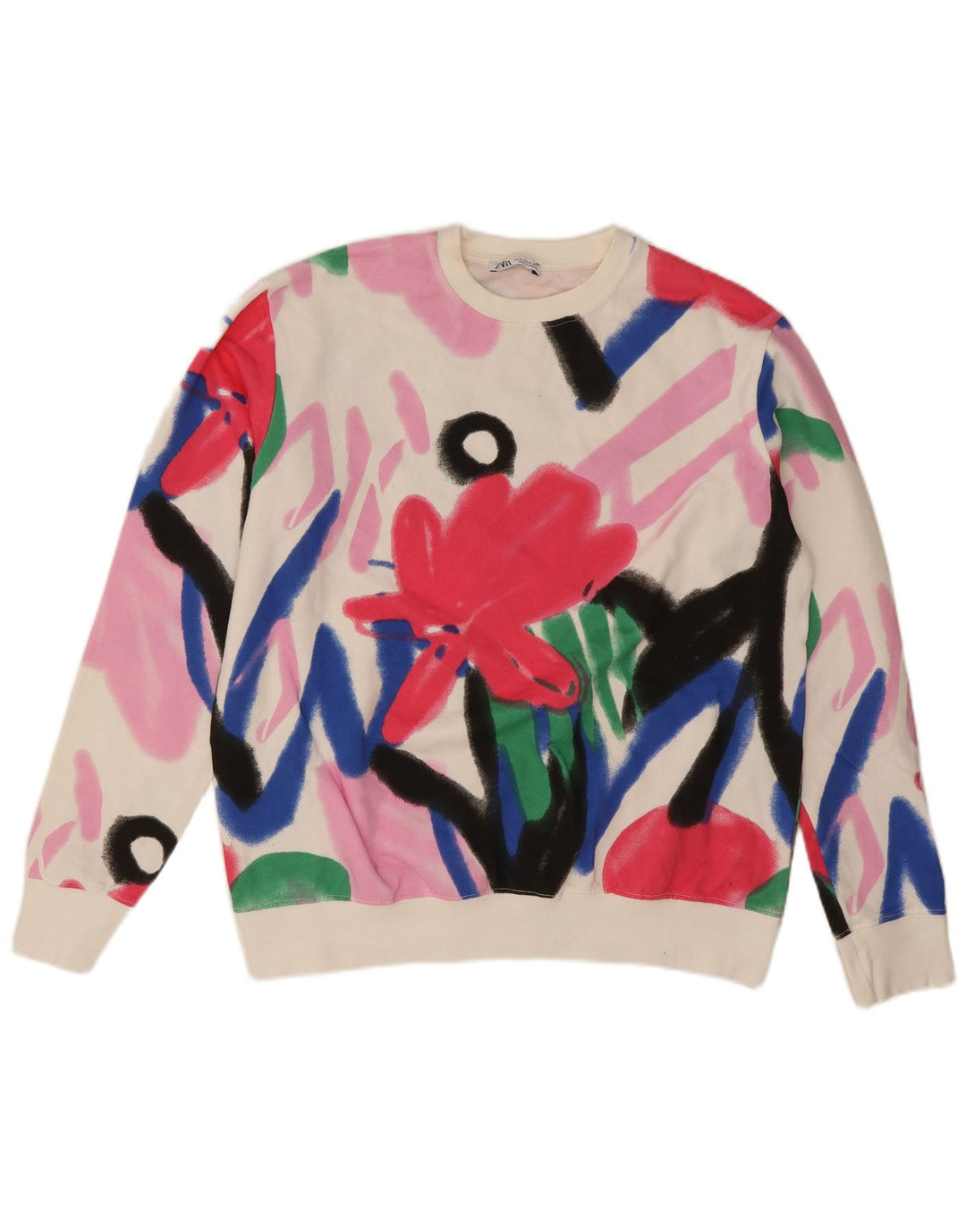 Damska bluza oversize Zara z grafiką UK 14, średnia, biała, w kwiaty