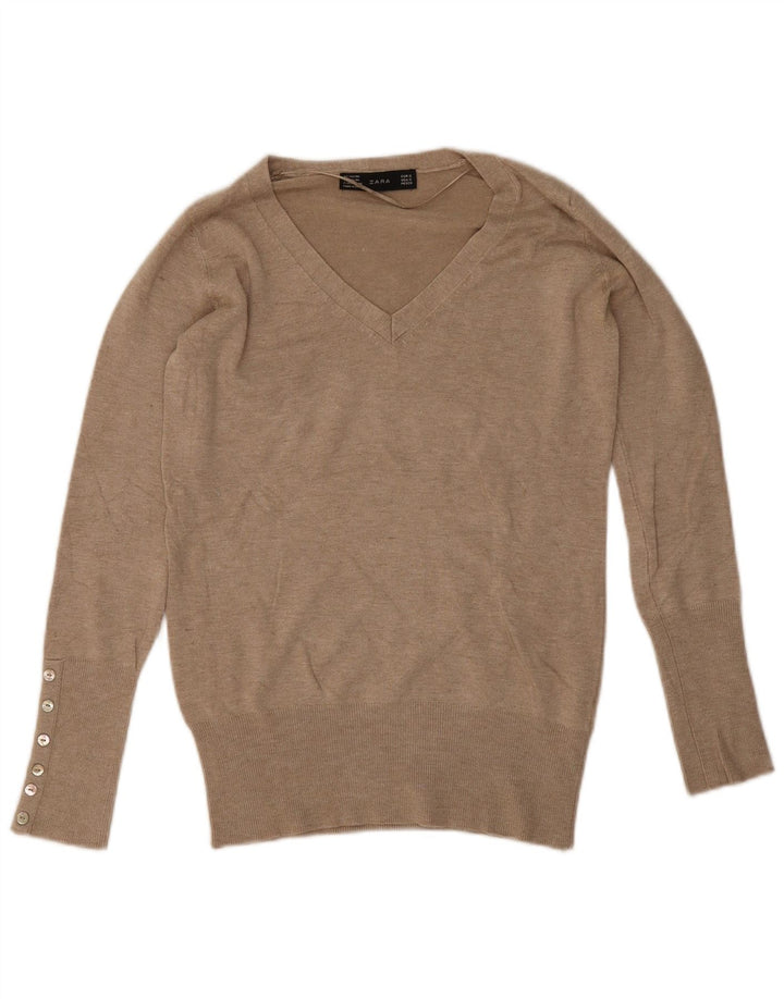 Sweter damski Zara z dekoltem w kształcie litery V, UK 10, mały, beżowy sztuczny jedwab