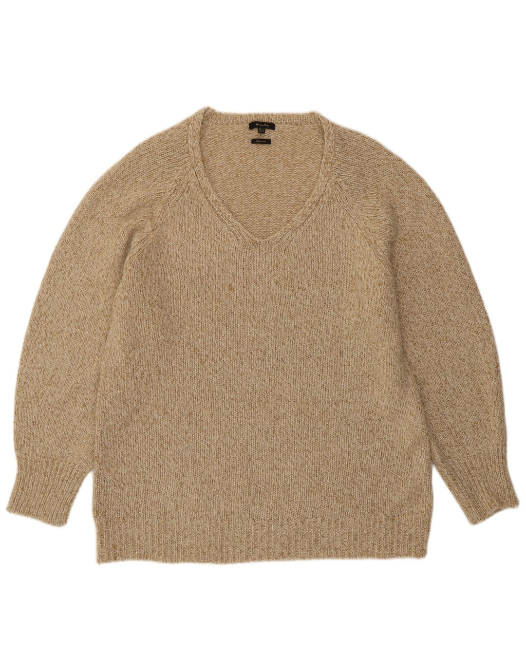 Sweter damski Massimo Dutti z dekoltem w kształcie litery V, UK 14, średni beż, wełna z plamkami