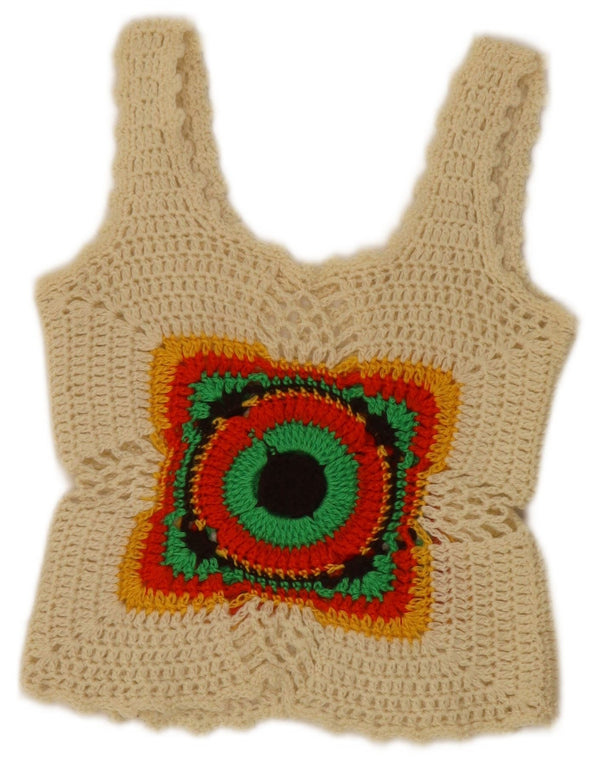 Vintage damski szydełkowy krótki top bez rękawów UK 4 XS w kolorze złamanej bieli, geometryczny