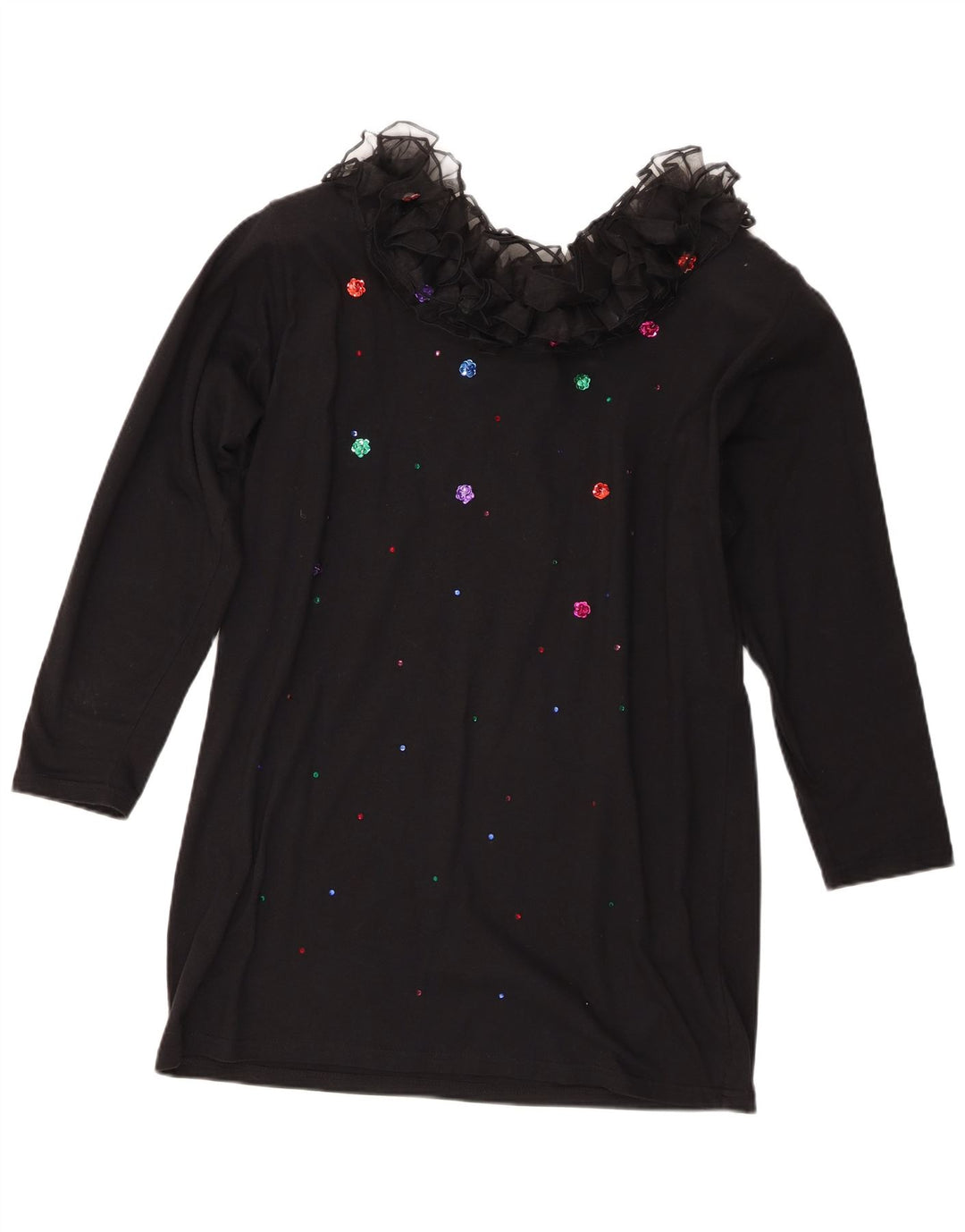 Vintage damska tunika z falbaną z przodu i długim rękawem, UK 16, duża czarna bawełna