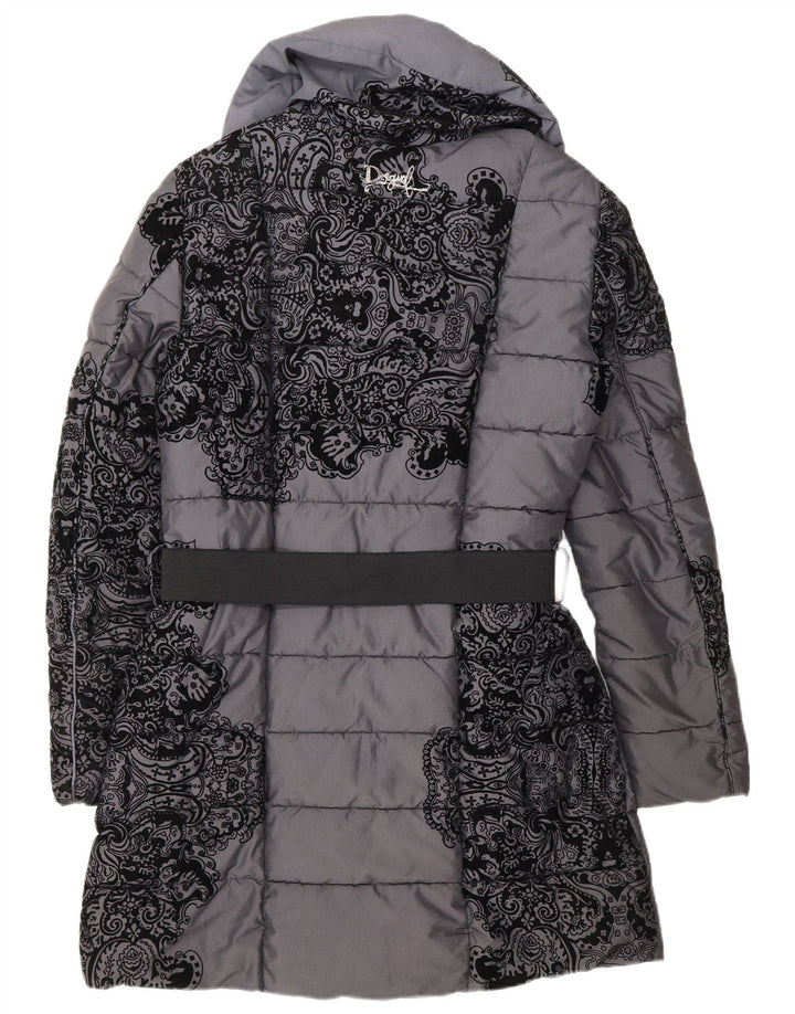 Desigual damski dwurzędowy ocieplany płaszcz EU 38 średnioszary w kwiaty