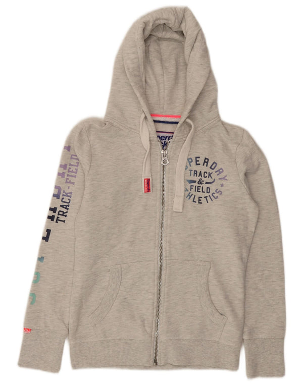 Damski sweter z kapturem Superdry z grafiką i zamkiem błyskawicznym UK 10, mały, szary, nakrapiany, bawełniany