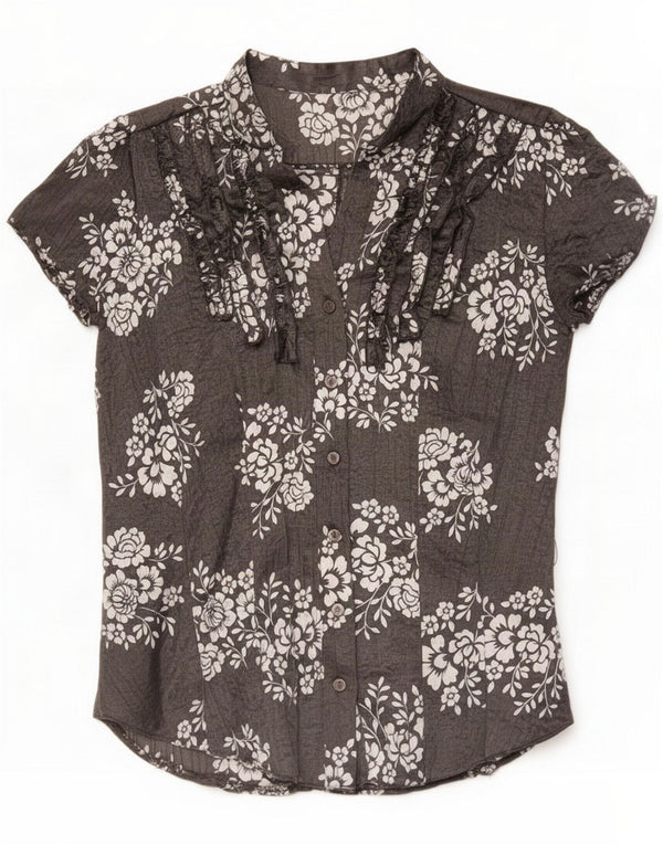 Vintage Womens Short Sleeve Shirt Blouse UK 10 Small Grey Floral Polyester