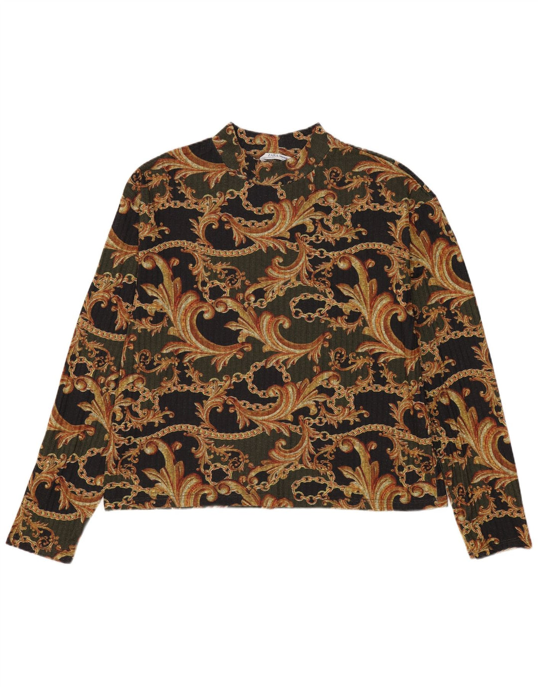 Damska bluzka z długim rękawem Zara, UK 14, średni khaki, paisley, poliester