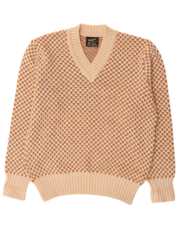 Sweter męski w stylu vintage z dekoltem w szpic UK 40 Średni beżowy geometryczny nowy wełniany