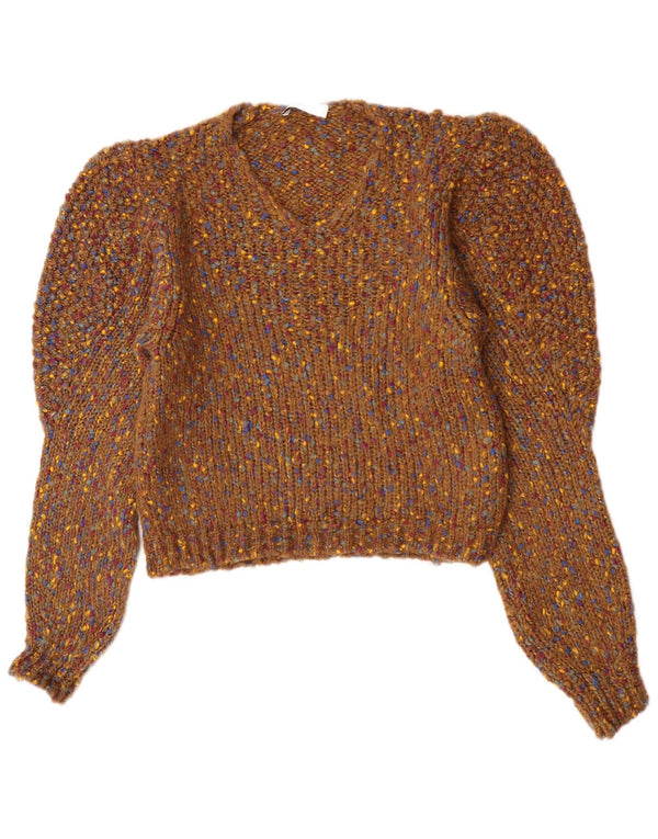 Sweter damski Zara z dekoltem w kształcie litery V, UK 14, średni brązowy, nakrapiany akryl