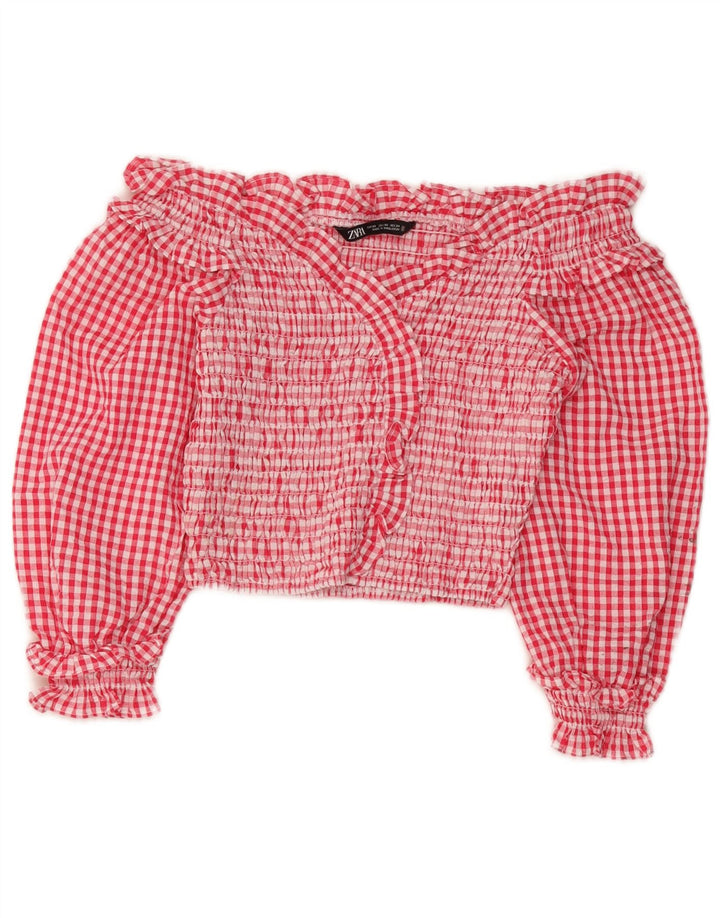 Damski top Zara z krótkim rękawem i odkrytymi ramionami, z rękawami 3/4, UK 4 XS, czerwony w kratkę, poliester