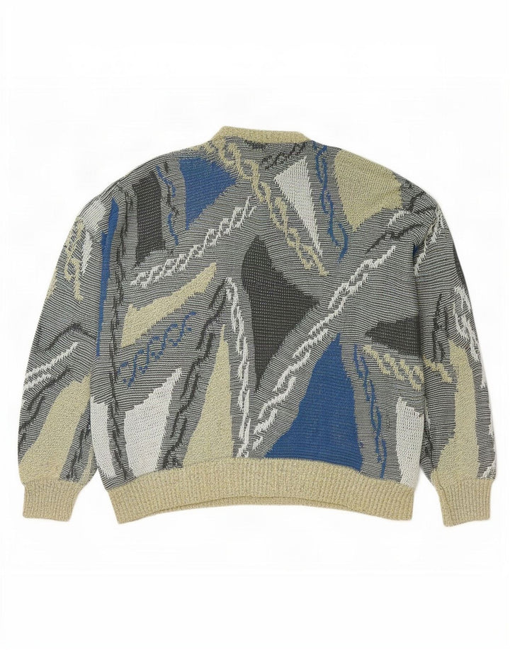 Vintage męski sweter z abstrakcyjnym wzorem i okrągłym dekoltem, duży, wielobarwny