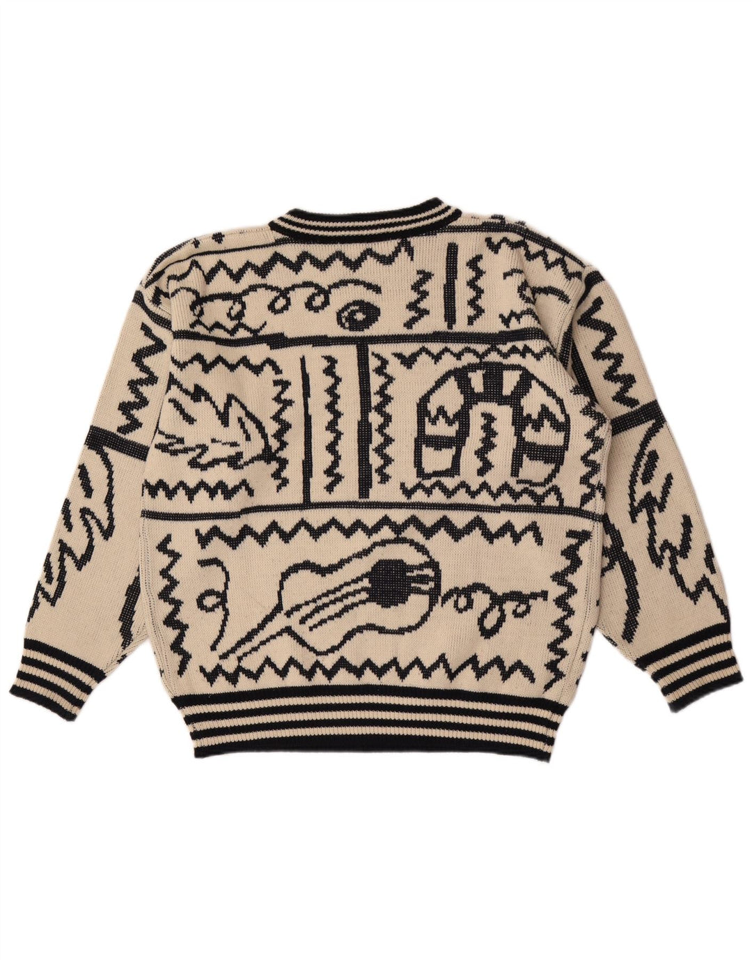 Vintage męski sweter z abstrakcyjnym wzorem i okrągłym dekoltem, duży beżowy