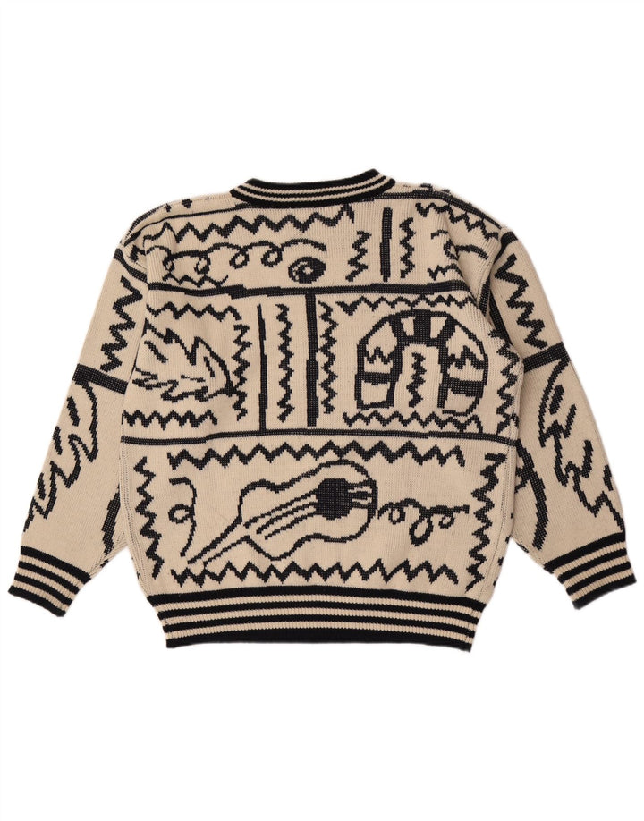Vintage męski sweter z abstrakcyjnym wzorem i okrągłym dekoltem, duży beżowy
