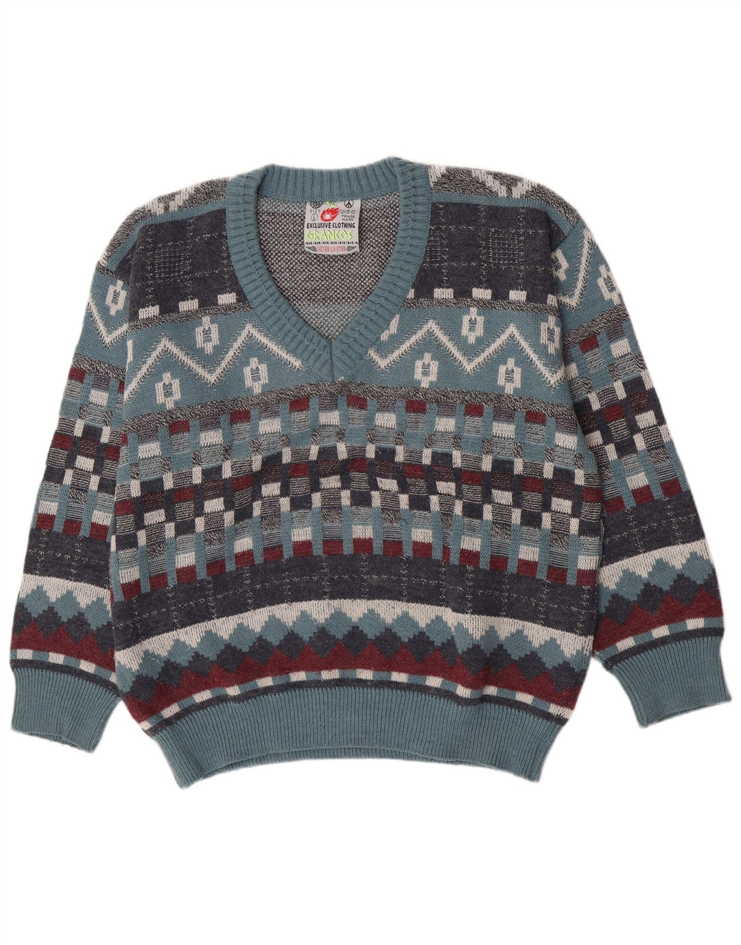 Sweter męski w stylu vintage z dekoltem w szpic, duży, niebieski, geometryczny, wełniany