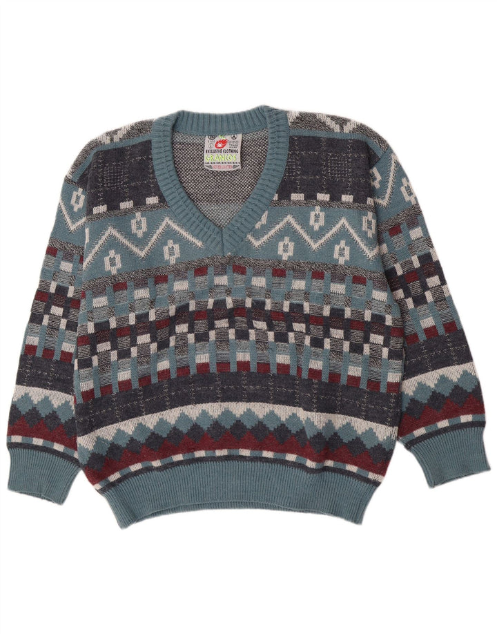 Sweter męski w stylu vintage z dekoltem w szpic, duży, niebieski, geometryczny, wełniany
