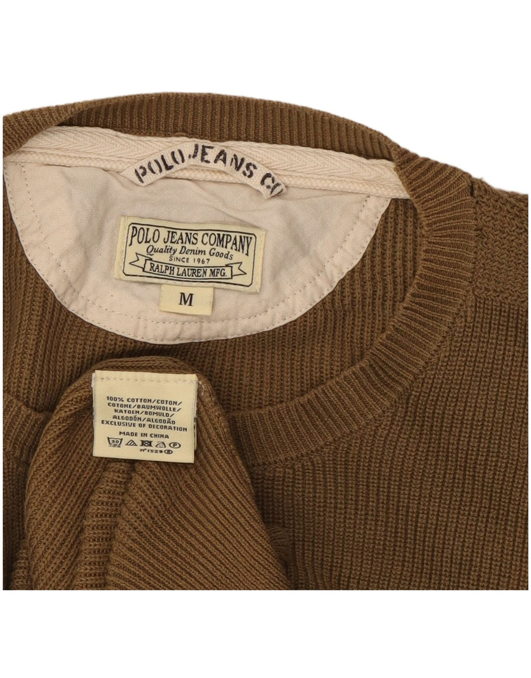 RALPH LAUREN Męski sweter z okrągłym dekoltem, średniobrązowy, bawełniany